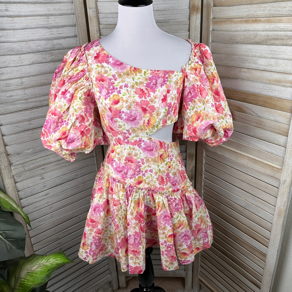 Sofie the Label Pink Floral Puff Sleeve Ruffled Skirt Sundress Size Small